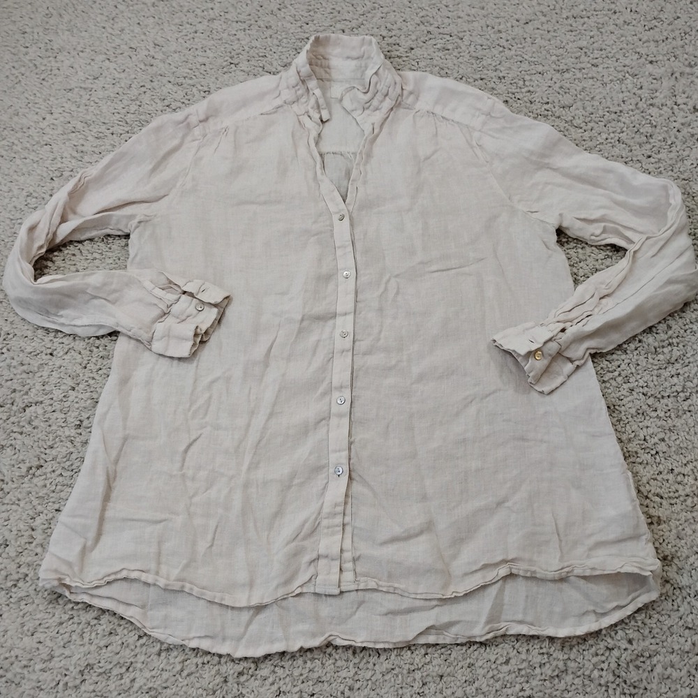 120% Lino Top Womens 46 L White Button Preppy Casual Elegant Beach Lightweight